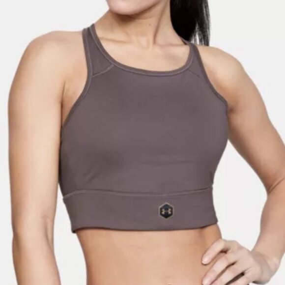 Women’s Under Armour ‘Rush’ Sports Bra Top Ash Taupe Size S Cross Back - Picture 1 of 5